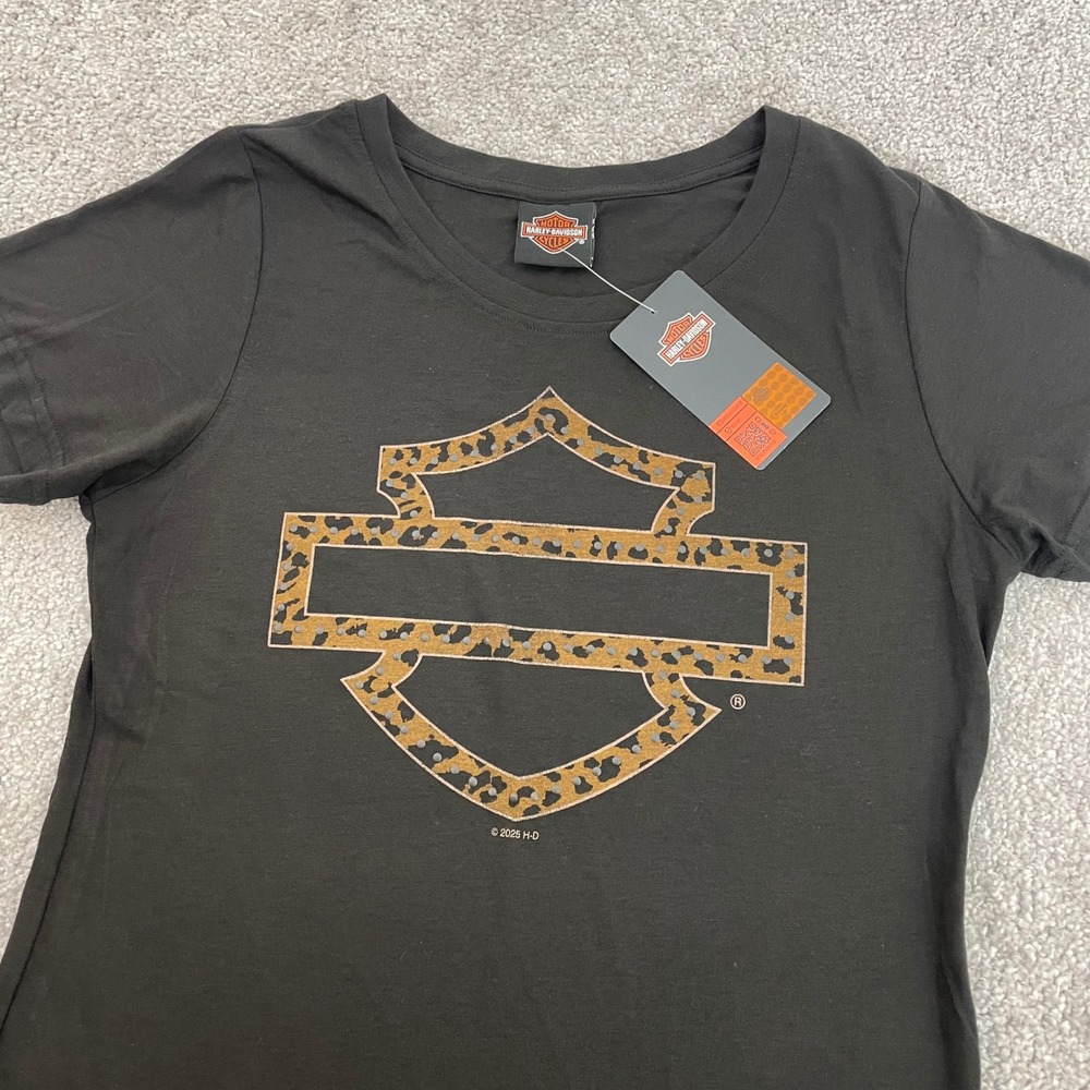 Harley Davidson T Shirt Womens Extra Small Leopard Studded Biker Logo Black NWT